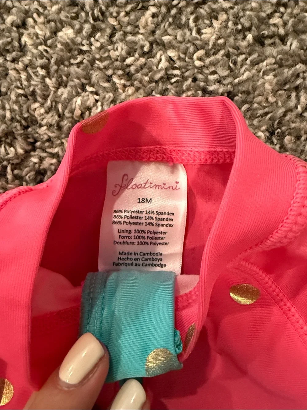 Floatimini Pink Rash Guard with Teal Zipper Tab and Gold Dots - Picture 2 of 4